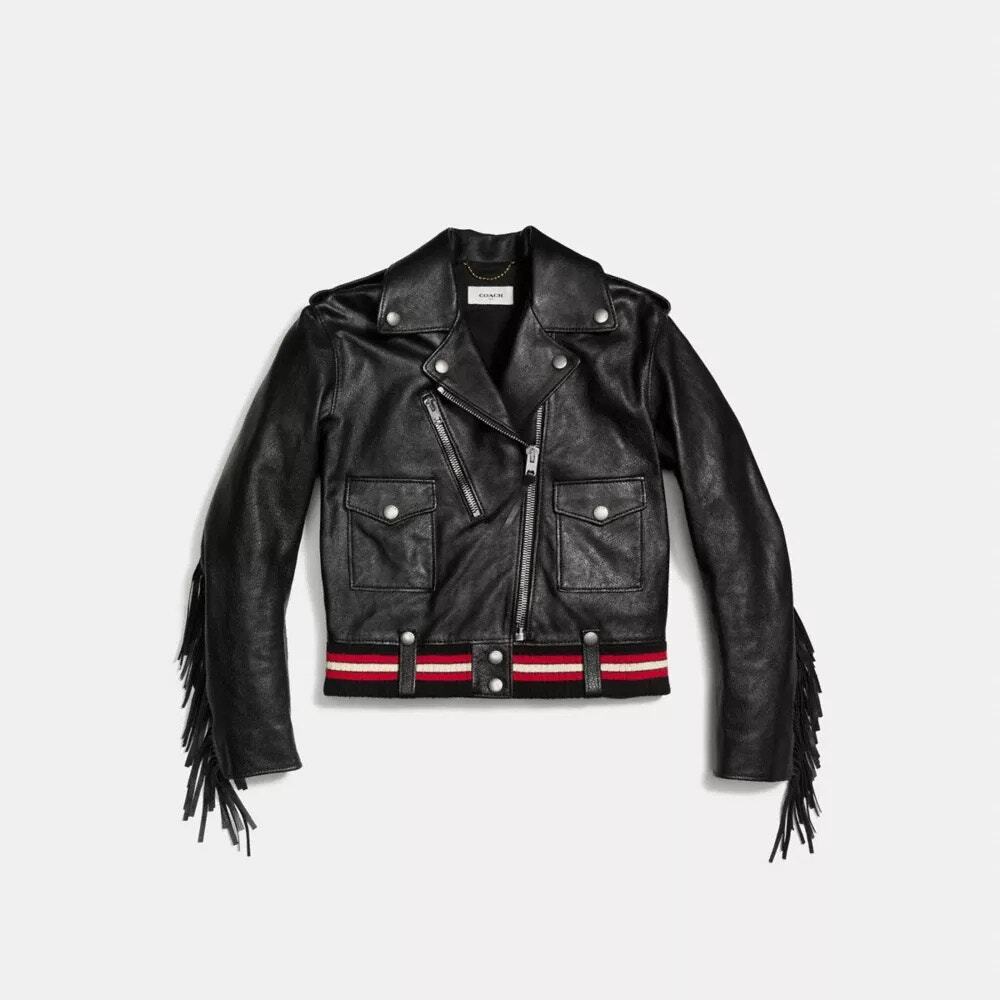 Coach 1941 Women’s XS/2 Black 100% Calf Leather Biker Moto Jacket Striped Fringe